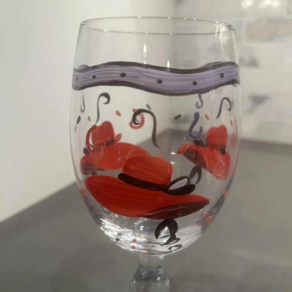 VINTAGE RED HAT LADY WINE GOBLET----HANDPAINTED----